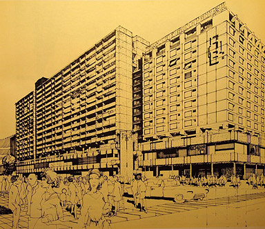 Entwurfszeichnung des Komplexes Karl-Liebknecht-Straße von der Spandauer Straße, 1968, Zeichnung: Hans-Peter Schmiedel