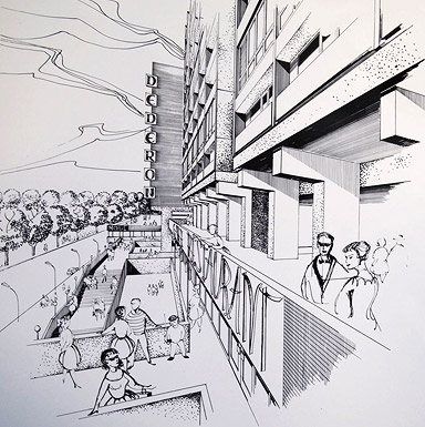 Entwurfszeichnung der Terrassen an der Karl-Liebknecht-Straße, 1967, © Wohnungsbaukombinat Berlin